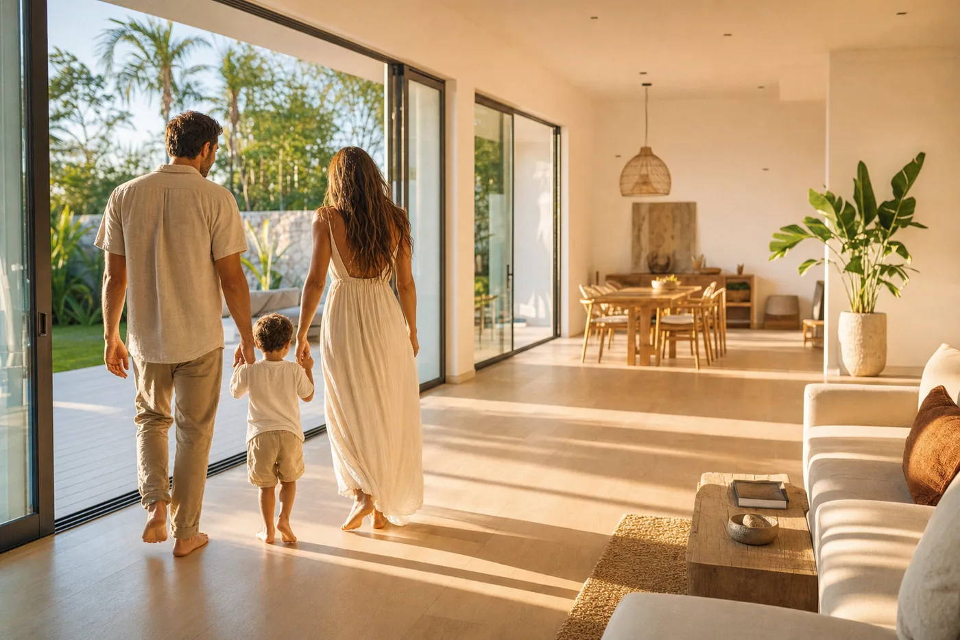 Familia entrando a su nueva casa luminosa con jardín y palmeras