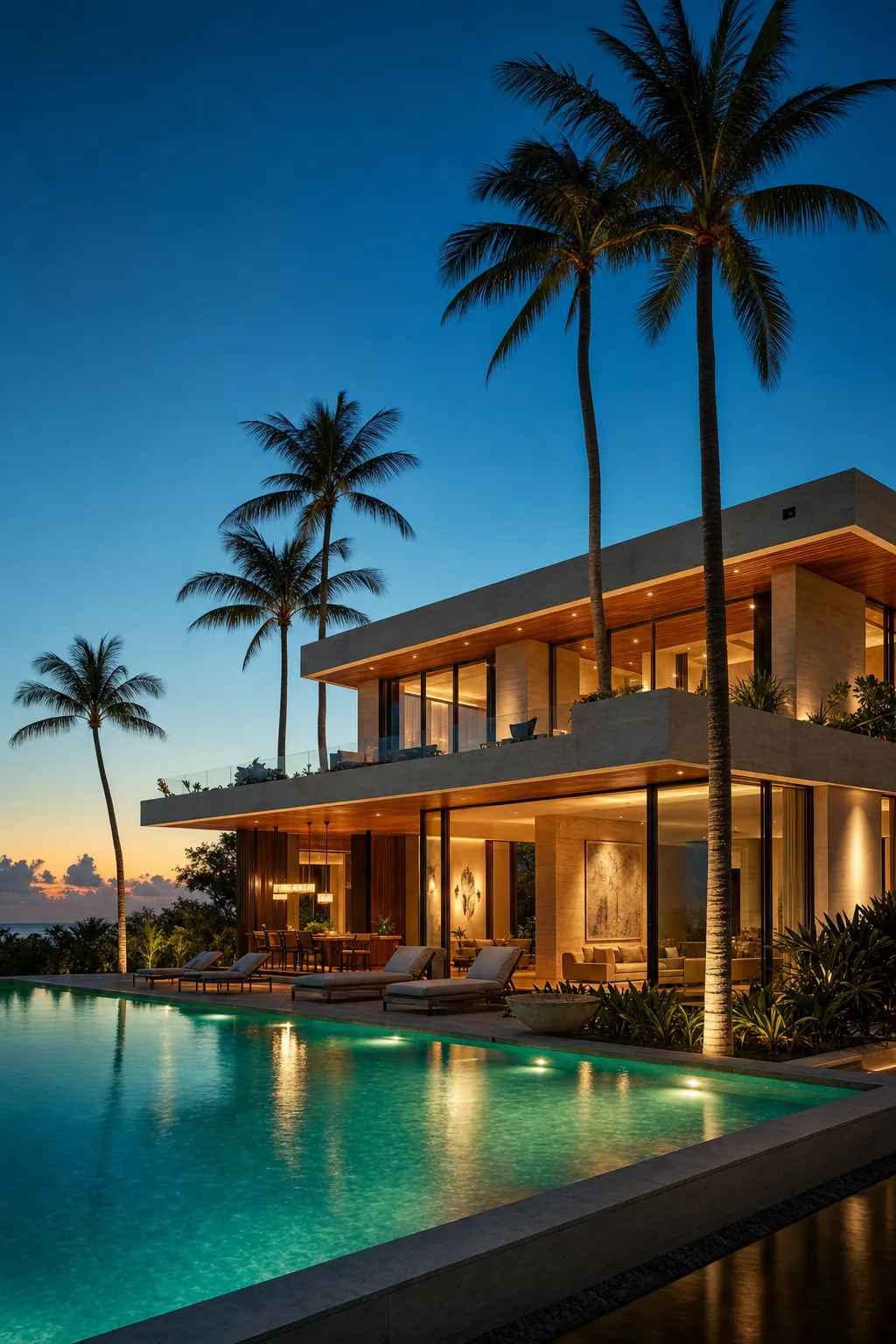 Villa contemporánea de lujo con alberca y palmeras al anochecer en Cancún